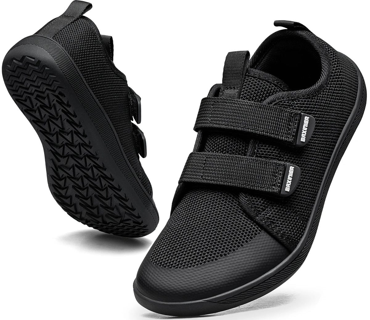 Kids Barefoot-Style Mesh Sneakers with Wide Toe and Double-Strap Fastening, Breathable Knitted Casual Walking Shoes in Gray, Black or Blue for Boys and Girls