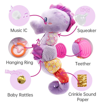Plush Seahorse Baby Rattle with Crinkle Sounds, Colorful Patterned Panels and Soft Animal Design for Supervised Sensory Play and Baby Shower Gifts