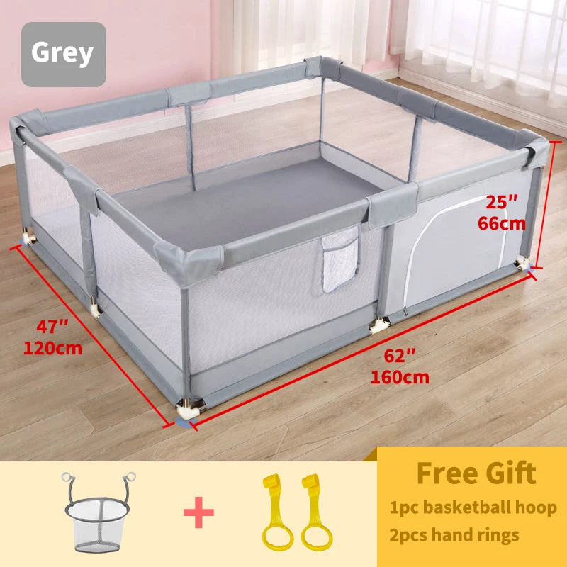 Padded Baby Playpen by PANGDUBE, Gray Mesh Activity Yard with External Zipper Door, Storage Pocket and Five Size Options for Supervised Play