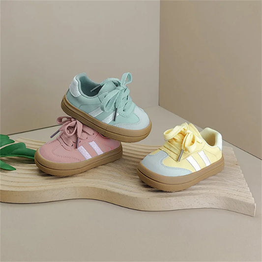 Pastel Toddler Lace-Up Sneakers with Contrast Side Stripes and Tan Soles, Baby Boys and Girls Casual Spring Shoes in Green Yellow or Pink