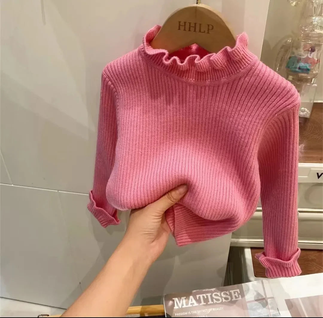 Toddler Lettuce Edge Sweater, Ribbed Knit Mock Neck Pullover with Long Sleeves for Boys and Girls, Six Solid Colors, Sizes 12-18M to 6-7Y