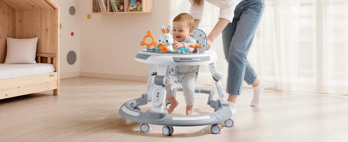 Baby Walker Activity Center in White, 4-in-1 Play Design with 3 Frame Height Settings, 5 Seat Adjustments and Wheeled Base for Indoor Use