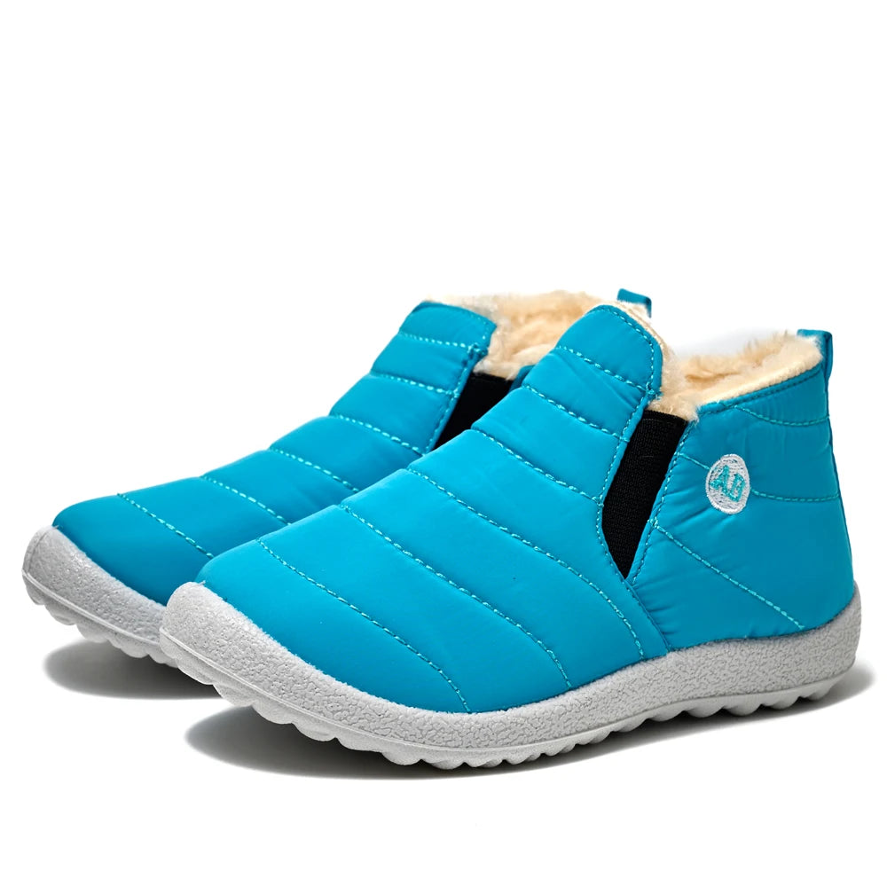 Kids Quilted Ankle Winter Boots with Plush Lining and Side Zippers, Blue Padded Cold-Weather Shoes with Rounded Toes, Sizes 26–35