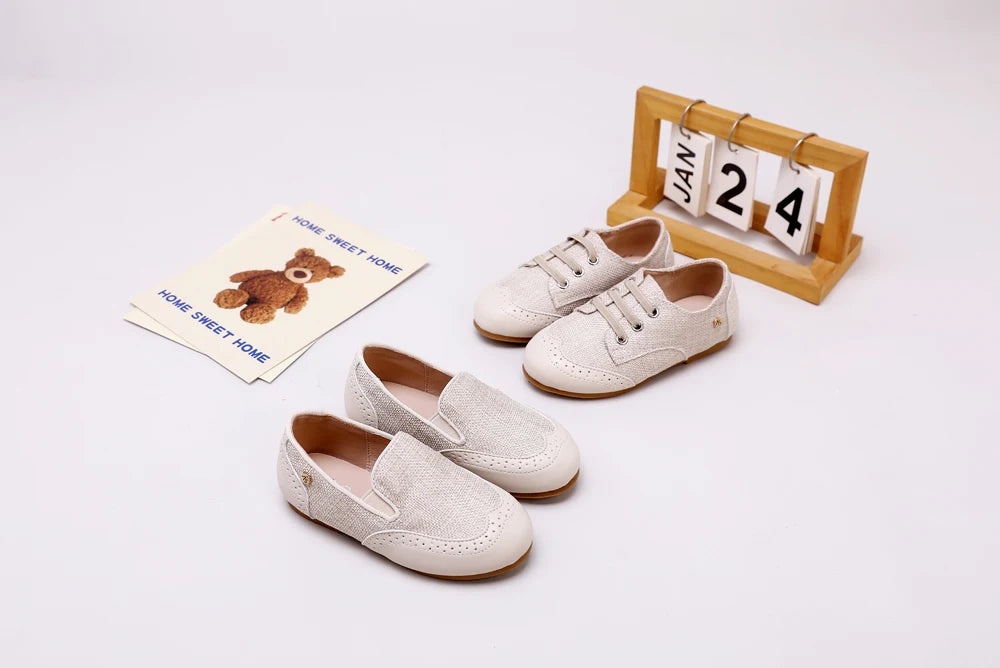 Children Dress Flats in Classic Loafer and T-Strap Styles, Beige Occasion Shoes for Boys and Girls, Weddings, Parties and Family Photos