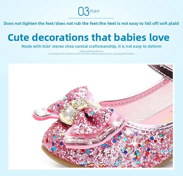 Bow-Accent Glitter Mary Jane Shoes for Girls with Buckled Strap and Block Heel, Sparkling Princess Dress Shoes for Parties and Weddings