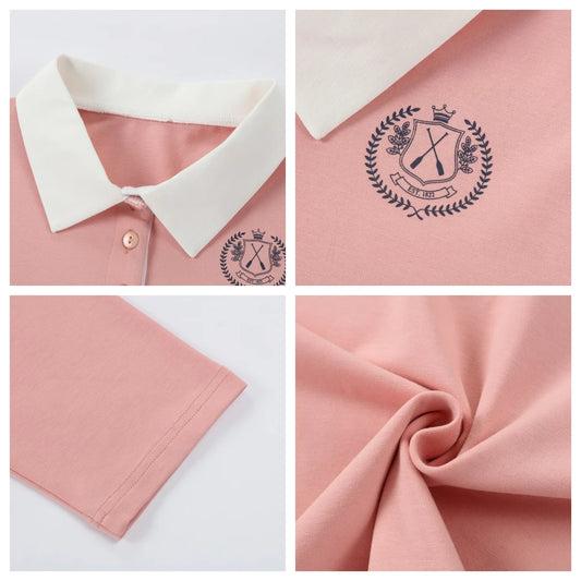 Contrast Collar Polo Shirt for Teen Girls and Women, 95% Cotton Stretch Top with Three-Quarter Sleeves and Chest Crest, Casual Loose Fit
