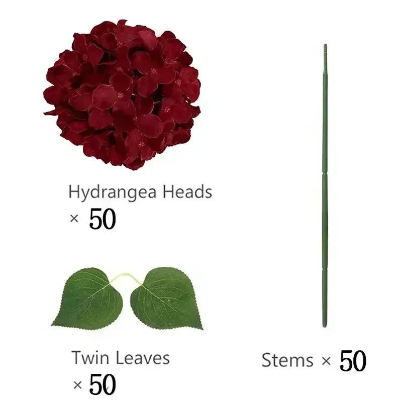 Artificial Hydrangea Flower Heads, 50-Piece Silk-Fabric Floral Set with Stem or Leaf Options for DIY Wedding Centerpieces, Baby Showers and Home Decor