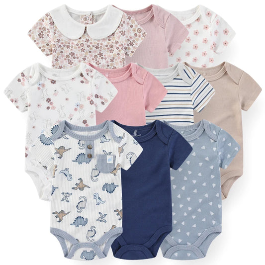 Baby Bodysuit Multipack in Cotton, 4- or 5-Piece Short Sleeve Infant Clothing with Printed and Solid Designs for Boys and Girls, Sizes 3M-12M