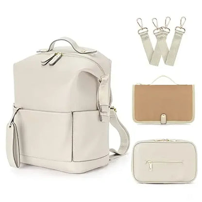 Convertible Diaper Backpack in PU Leather with Changing Pad, 11 Storage Pockets, Insulated Bottle Pockets and Shoulder Straps for Parents
