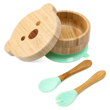 Bamboo Baby Tableware Set with Animal Plate Designs, Bowl, Cup and Wooden-Handle Utensil Options for Supervised Infant and Toddler Mealtimes