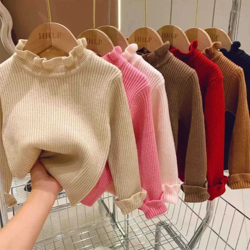 Toddler Lettuce Edge Sweater, Ribbed Knit Mock Neck Pullover with Long Sleeves for Boys and Girls, Six Solid Colors, Sizes 12-18M to 6-7Y