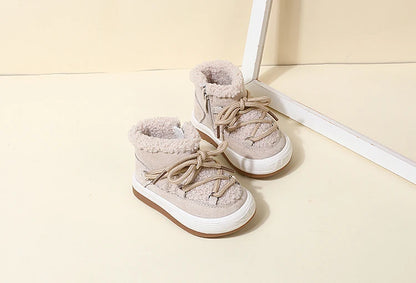 Toddler Plush Ankle Boots with Lace-Up Front, Rubber Soles and Fluffy Trim for Boys and Girls, Beige Black or Pink Cool-Weather Shoes