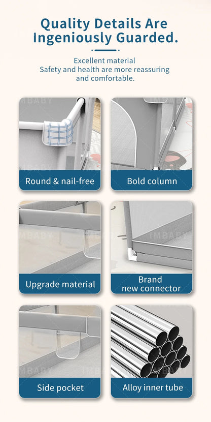 Baby Playpen with Pull Rings by IMBABY, Light Gray Mesh Activity Fence with Zippered Door and Multiple Size Options for Supervised Play