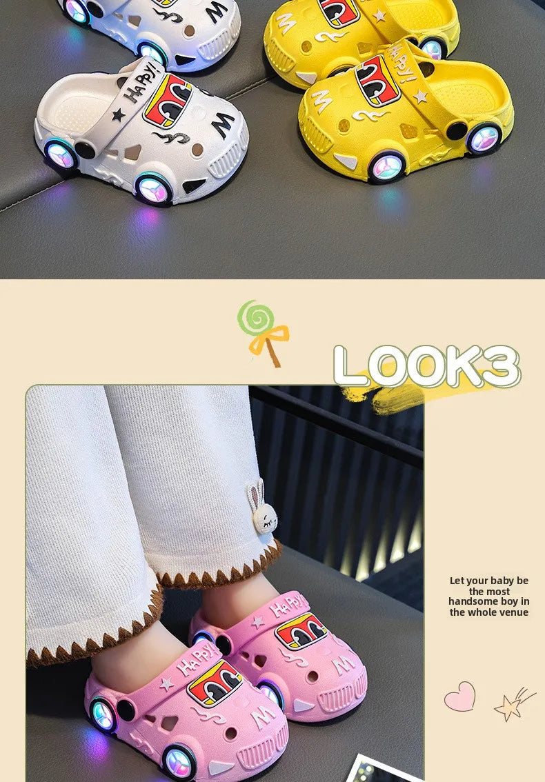 Kids Light-Up Car Clogs with Glowing Wheel Details, Ventilated Closed-Toe Design and Pivoting Heel Strap for Playful Summer Casual Outfits