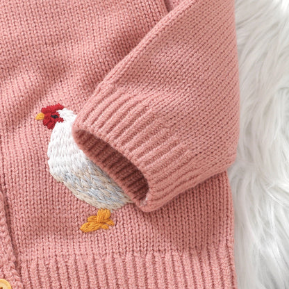 Rooster Embroidered Baby Girl Cardigan with White Ruffle Collar, Long Sleeve Button-Front Knit Sweater in Pink or Green, Sizes 6 Months to 3 Years