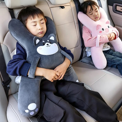 Kids Car Neck Pillow for Back Seat Travel, Child Head Support Accessory with Seat Belt Attachment for Road Trips and Long Drives
