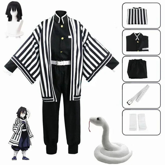 Obanai Iguro Cosplay Costume, Black and White Striped Haori with Anime Uniform Styling for Kimetsu no Yaiba Halloween and Convention Outfits