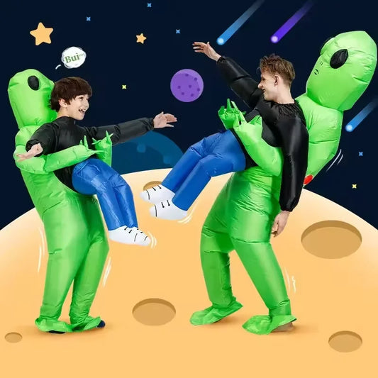 Carry-Me Alien Inflatable Costume for Kids and Adults, Green Abduction Illusion Suit with Fan and Battery Case for Halloween Parties and Stage Shows