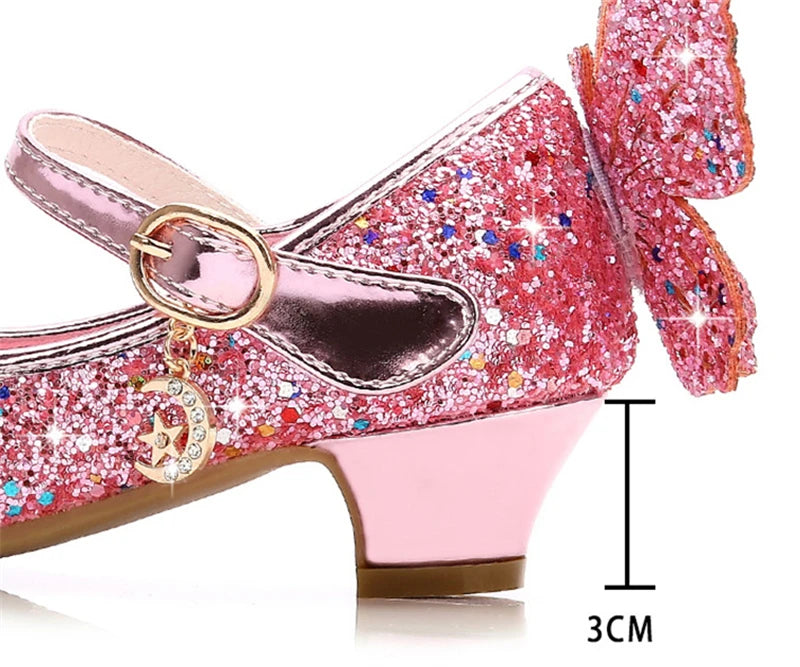 Girls Butterfly Glitter Dress Shoes with Sparkling Wing Accents, Buckled Strap and Block Heel for Princess Parties, Weddings and Special Outfits