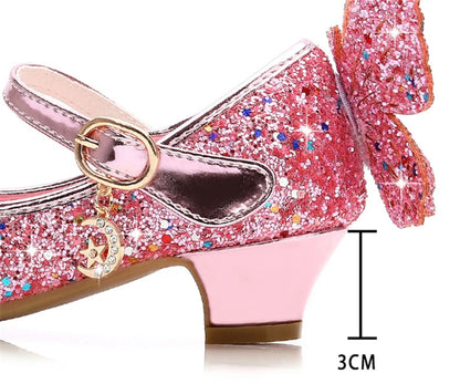 Girls Butterfly Glitter Dress Shoes with Sparkling Wing Accents, Buckled Strap and Block Heel for Princess Parties, Weddings and Special Outfits