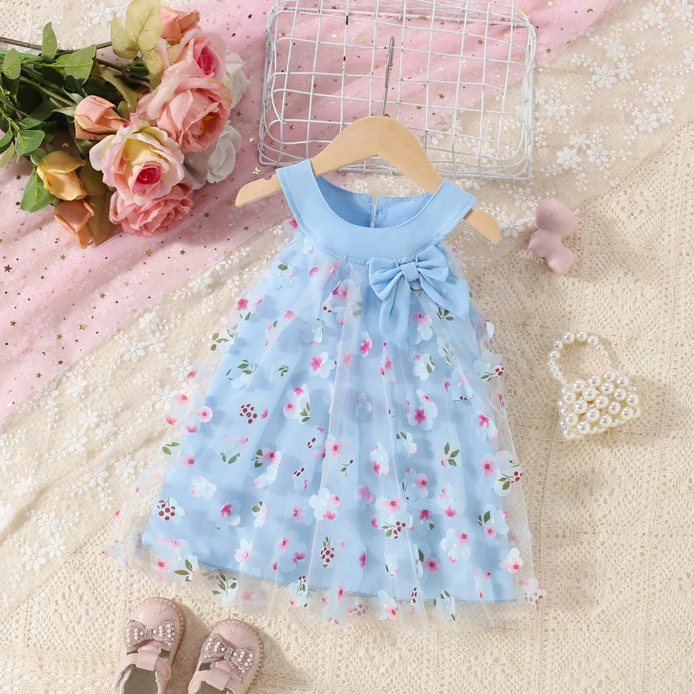 Baby Girl Floral Mesh Dress with Bow, Sleeveless Party Dress in Infant and Toddler Sizes for Birthdays, Family Photos and Summer Celebrations