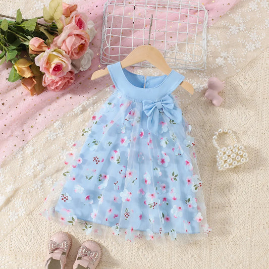Baby Girl Floral Mesh Dress with Bow, Sleeveless Party Dress in Infant and Toddler Sizes for Birthdays, Family Photos and Summer Celebrations