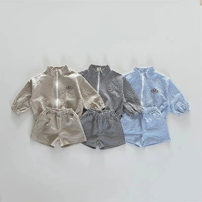 Kids Plaid Jacket and Shorts Set with Stand Collar and Front Zipper, Blue Black or Khaki Two-Piece Summer Outfit for Babies and Toddlers