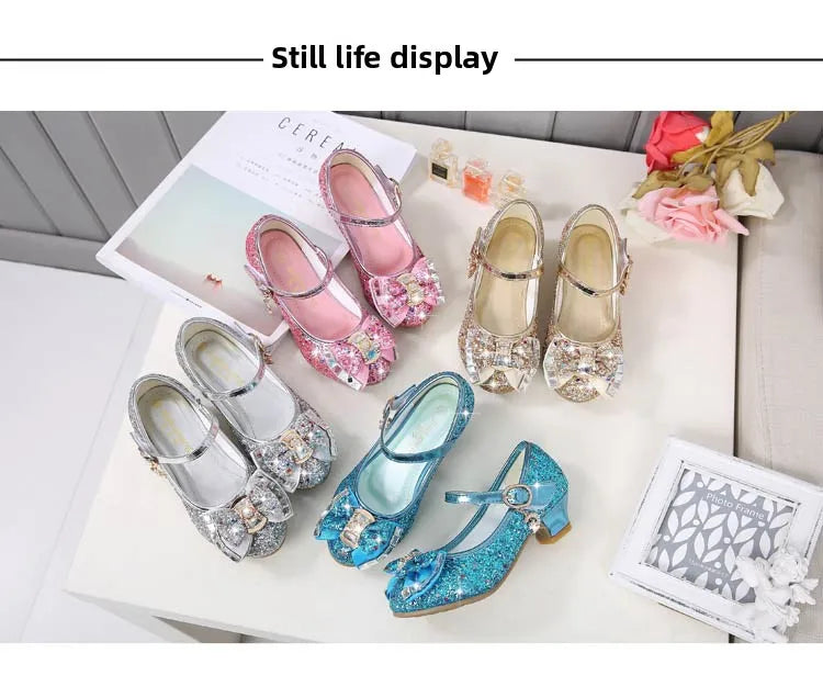 Bow-Accent Glitter Mary Jane Shoes for Girls with Buckled Strap and Block Heel, Sparkling Princess Dress Shoes for Parties and Weddings