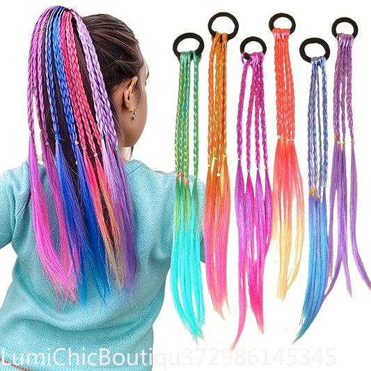 Braided Ponytail Hair Ties for Girls, 6-Piece Colorful Ombre Braid Extension Set with Elastic Loops for Dress-Up, Parties and Everyday Styling