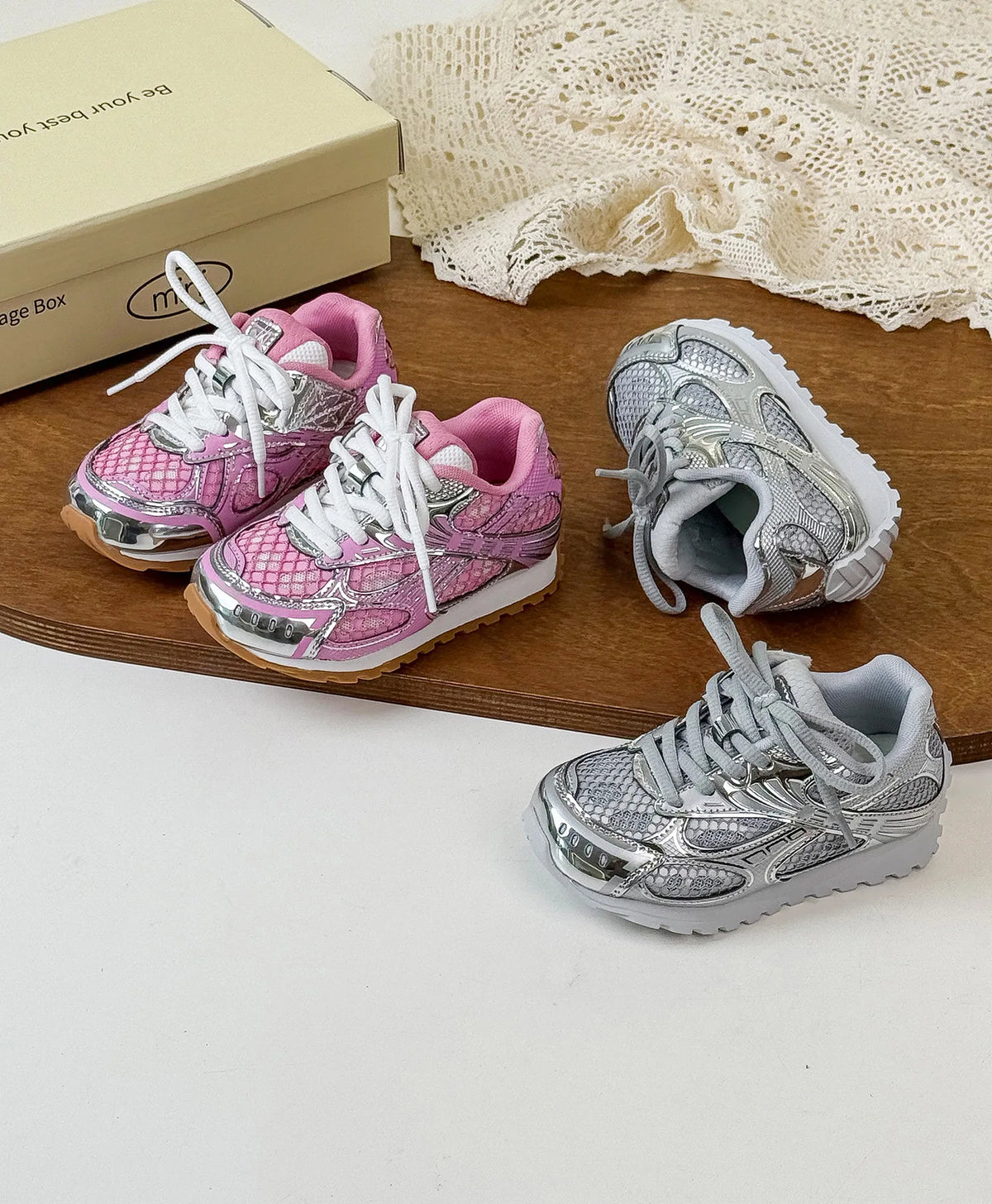Kids Mesh Sneakers with Metallic Orbit Styling, Lace-Up Casual Walking Shoes in Pink or Silver with Rubber Soles for Everyday Outfits