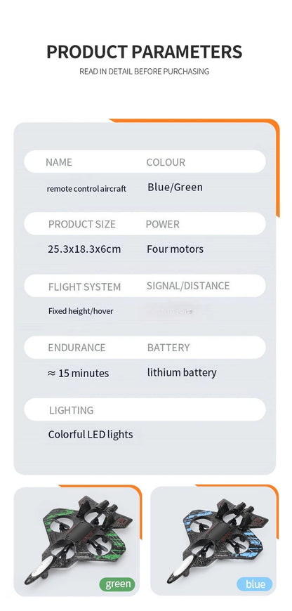 RC Fighter Drone with Lights, 2.4GHz Remote Control Foam Quadcopter in Red or Blue, Approx. 10-Minute Flight Time for Aviation Hobby Play