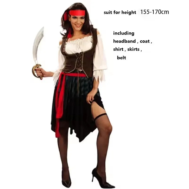 Pirate Captain Cosplay Outfit for Adults, Men’s Pants or Women’s Skirt Costume with Head Scarf and Vest for Halloween and Carnival