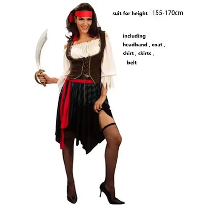 Pirate Captain Cosplay Outfit for Adults, Men’s Pants or Women’s Skirt Costume with Head Scarf and Vest for Halloween and Carnival