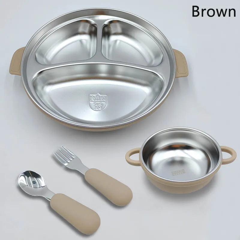 Stainless Steel Baby Feeding Set, 4-Piece Tableware with Three-Section Suction Plate, Handled Bowl, Spoon and Fork in Four Colors