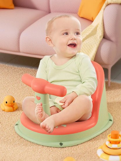 Drainage-Hole Baby Bath Seat with Suction-Cup Base, Removable Front Armrest and High Backrest in Multiple Colors for Closely Supervised Bathing