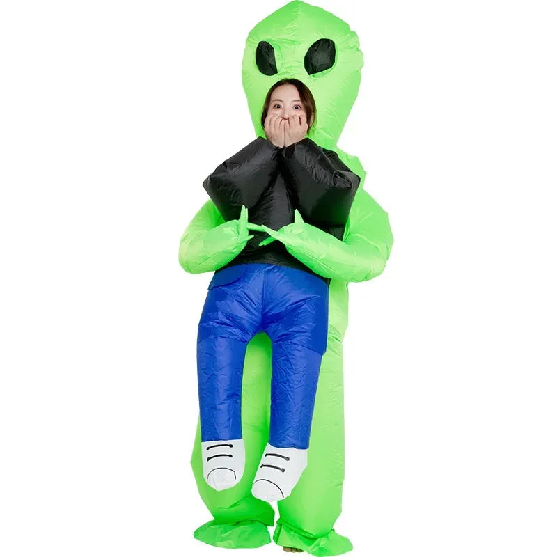 Carry-Me Alien Inflatable Costume for Kids and Adults, Green Abduction Illusion Suit with Fan and Battery Case for Halloween Parties and Stage Shows