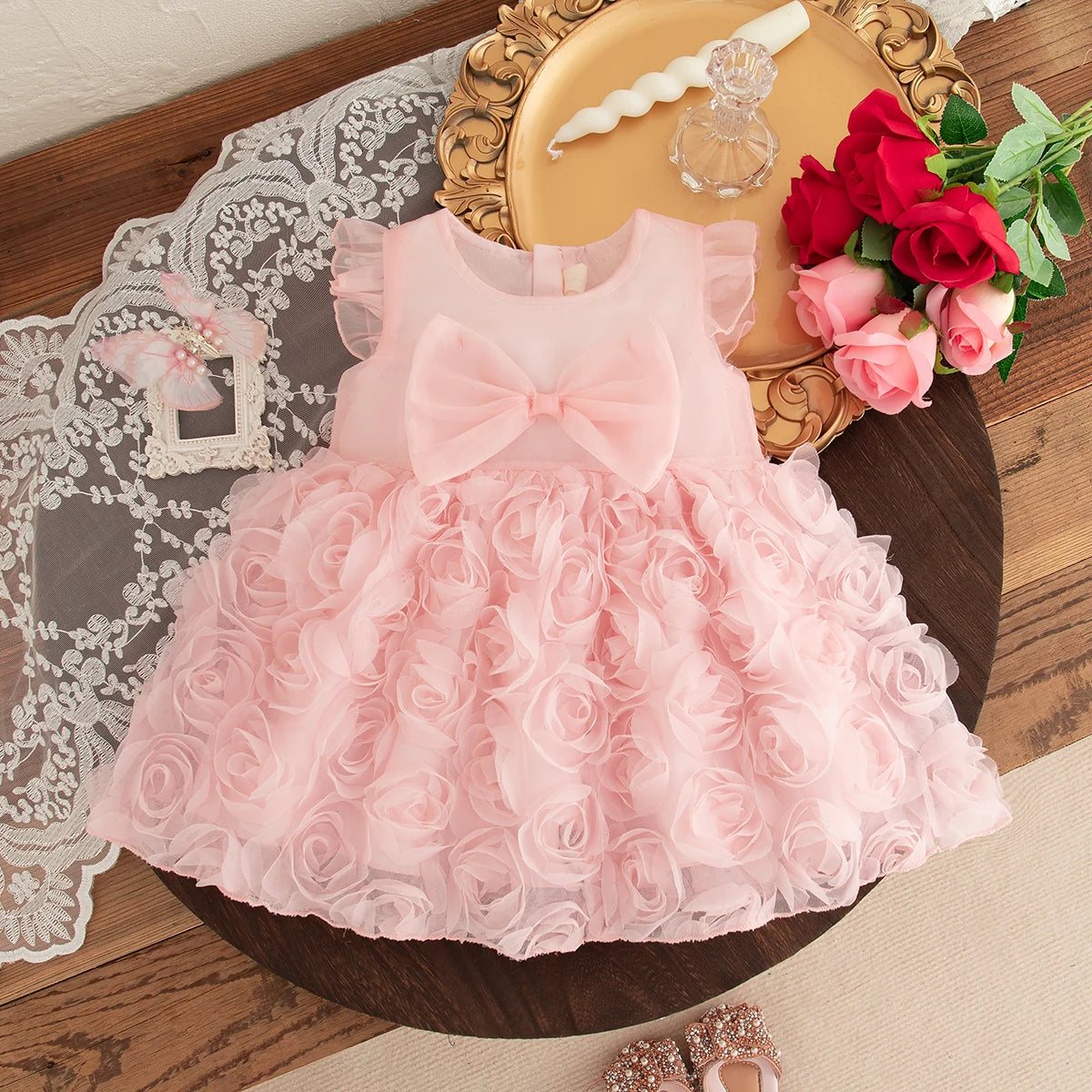Rosette Baby Girl Party Dress with Large Front Bow and Ruffled Shoulders, Pink or Red Sleeveless Outfit for First Birthdays and Wedding Photos