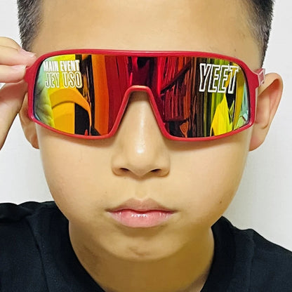 YEET Graphic Sunglasses with Jey Uso Main Event Lettering, Colorful Shield-Style Fan Shades in Children's and Adult Options for Party Outfits