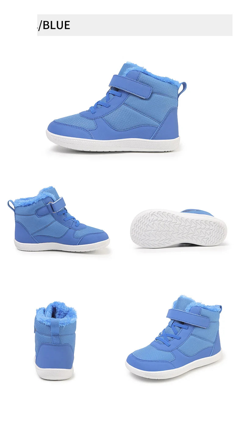 Wide Toe Winter Boots for Kids, Barefoot-Style High-Top Shoes with Cozy Lined Styling and Strap Options for Boys and Girls Cold-Weather Outfits