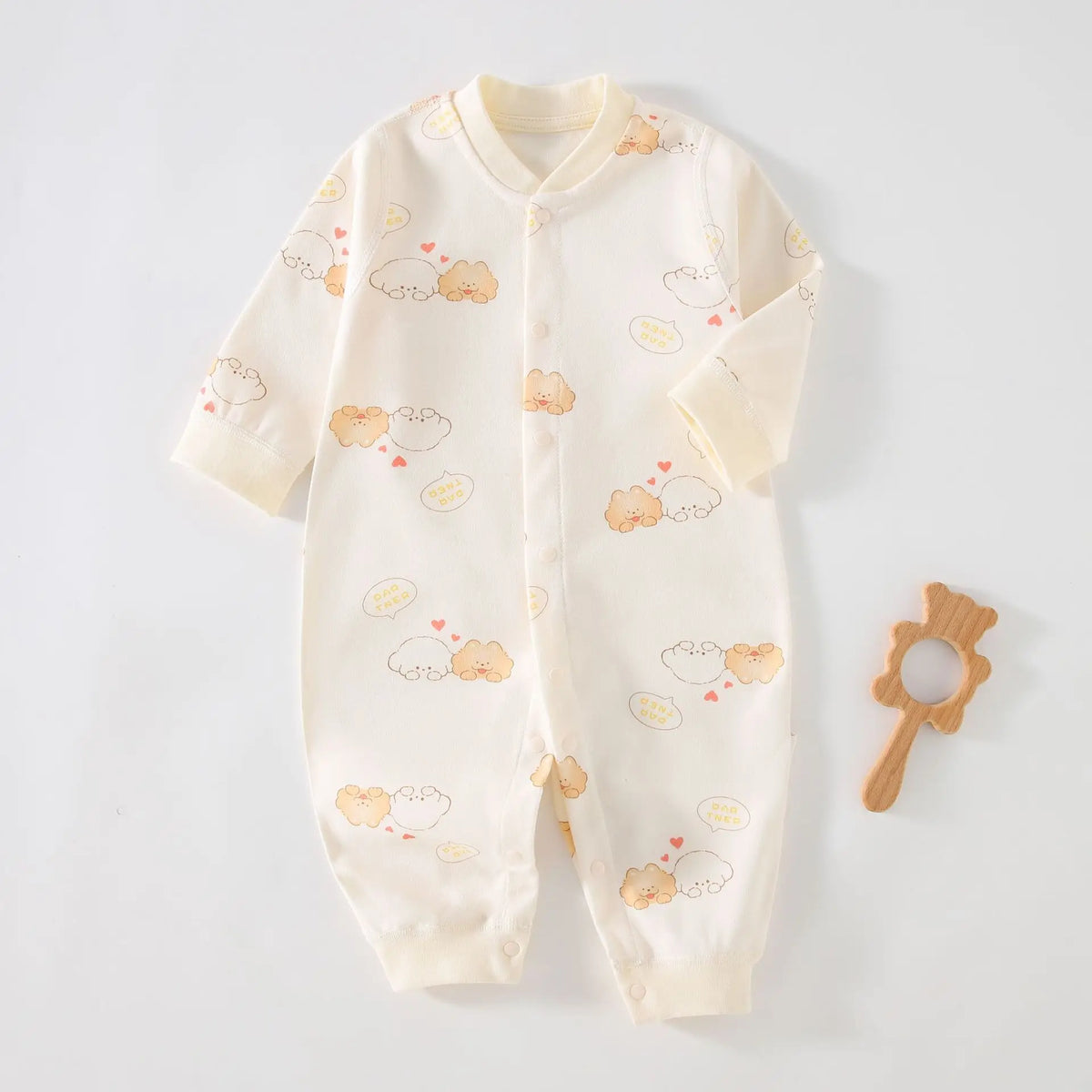 Long Sleeve Cotton Baby Romper with Front Snaps and Footless Cuffs, Animal Prints and Solid Colors for Boys and Girls, Sizes 59-90 cm