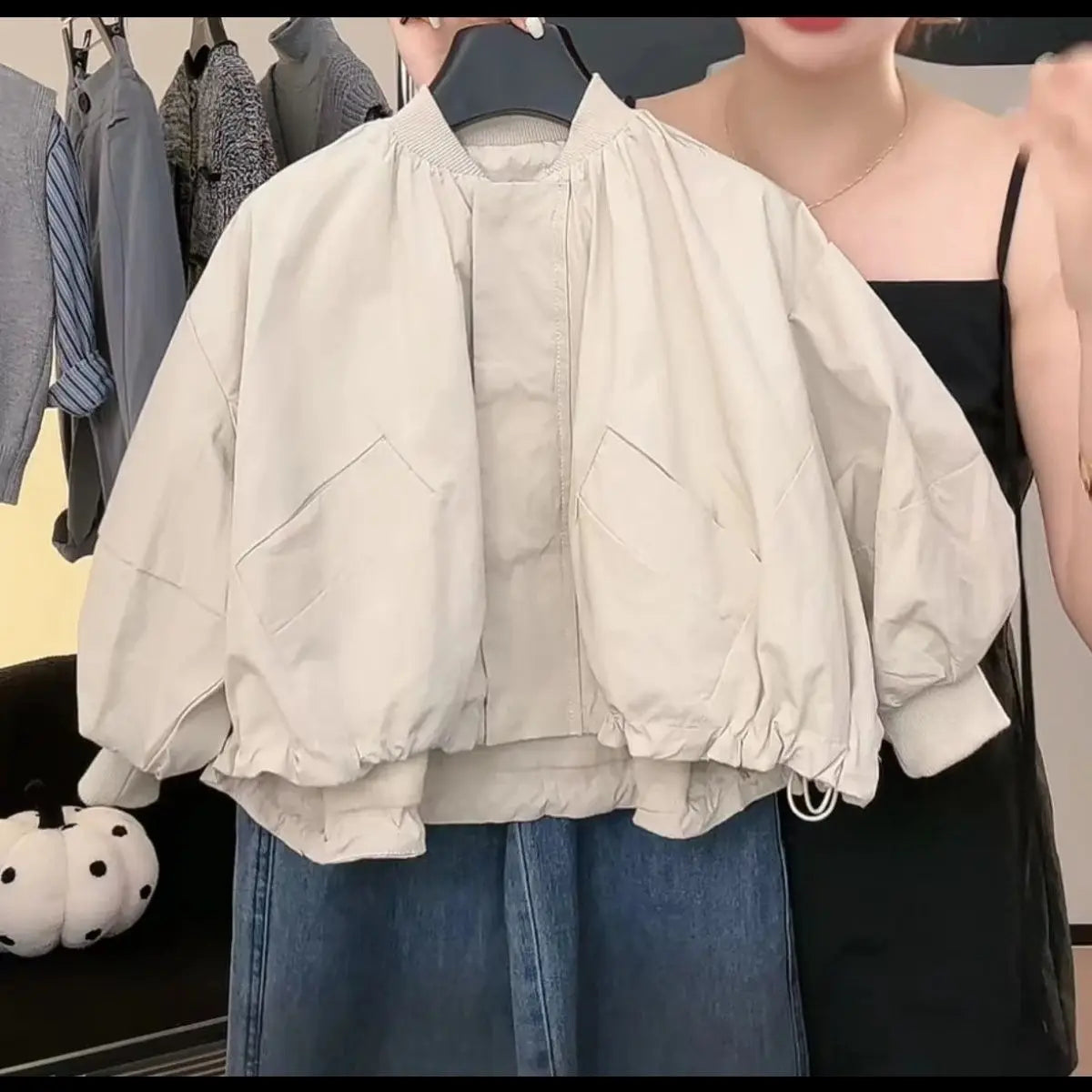 Kids Oversized Bomber Jacket with Zip Front, Long Sleeves and Slanted Pockets, Beige or Purple Loose Fit Layer for Spring and Fall Outfits