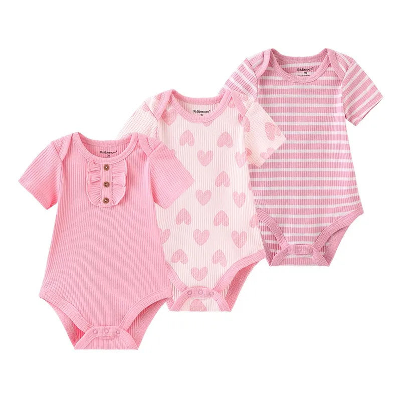 Cotton Infant Bodysuit Trio with Short Sleeves, Printed and Solid Baby One-Piece Outfits with Bottom Snaps for Boys and Girls, 3M-12M