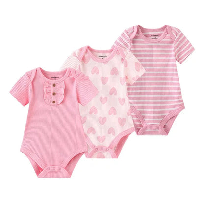 Cotton Infant Bodysuit Trio with Short Sleeves, Printed and Solid Baby One-Piece Outfits with Bottom Snaps for Boys and Girls, 3M-12M
