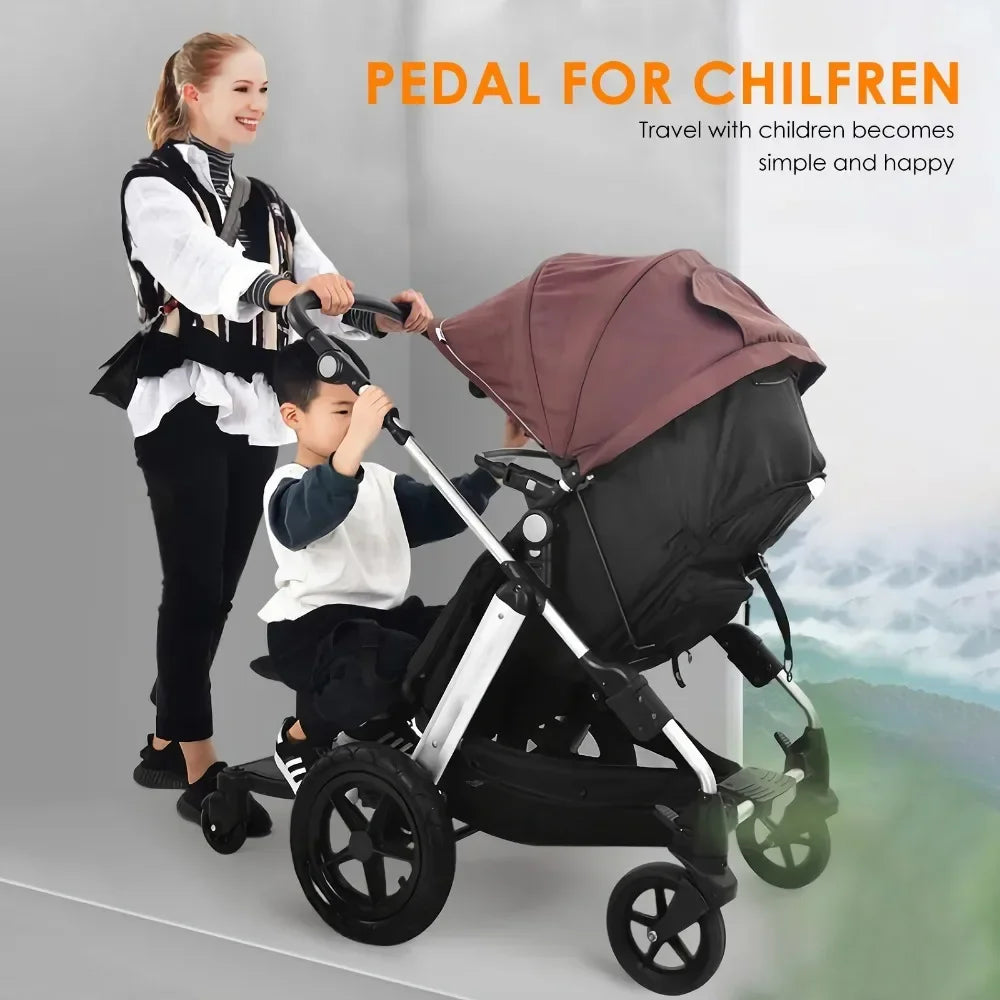 Stroller Ride-On Board with Detachable Seat, Sit or Stand Platform for a Second Child Ages 3-7, Single or Double Wheel Color Options