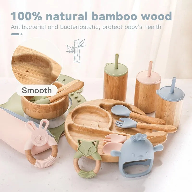 Bamboo Baby Tableware Set with Animal Plate Designs, Bowl, Cup and Wooden-Handle Utensil Options for Supervised Infant and Toddler Mealtimes