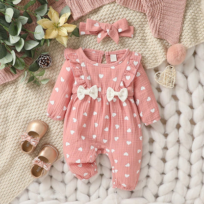 Baby Girl Heart Print Romper with Shoulder Ruffles and Bow Details, Long Sleeve Cotton Jumpsuit with Inner-Leg Snaps, Sizes 0-6 Months