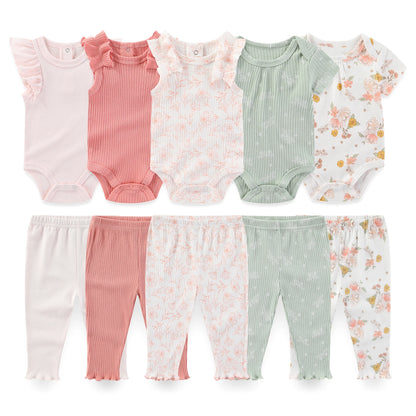 Baby Bodysuit and Pants Set, 10-Piece Kiddiezoom Infant Clothing Bundle with Short-Sleeve Tops for Boys and Girls, Sizes 3M-12M