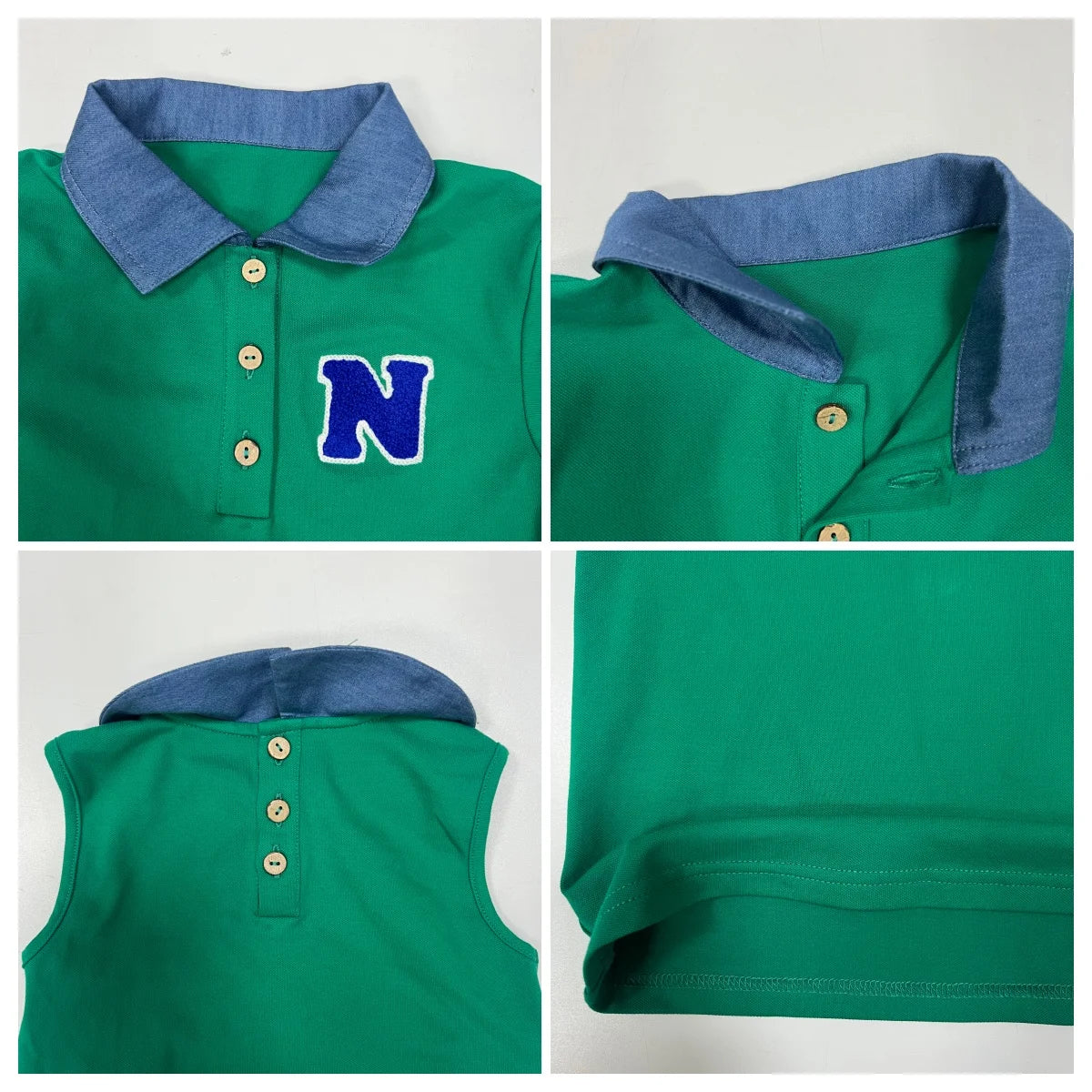 Green Polo Kids Outfits with Navy Letter Patch, Coordinating Girls Dresses, Boys Shirts and Shorts and Baby Girl Set Styles for Family Photos