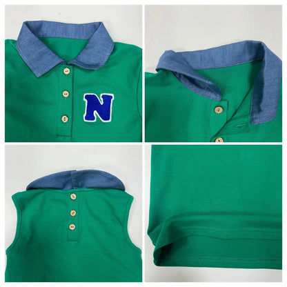 Green Polo Kids Outfits with Navy Letter Patch, Coordinating Girls Dresses, Boys Shirts and Shorts and Baby Girl Set Styles for Family Photos