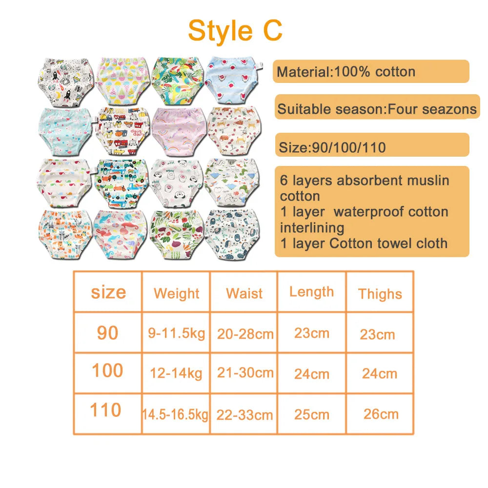 Washable Potty Training Pants Multipack, 4 or 8 Reusable Toddler Underwear Briefs with Printed Designs for Daytime Toilet Learning, Sizes S-XL